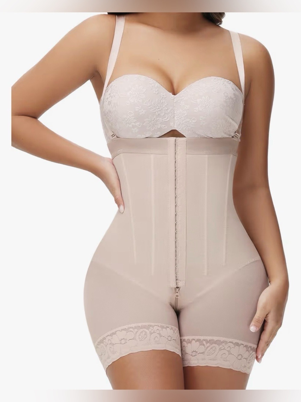 High-Waist Beige Shaping Bodysuit with Lace Trim